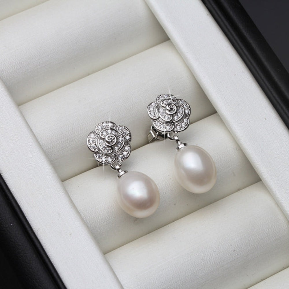 Genuine Freshwater Pearl & Simulated Diamond Floral Drop Earrings-4