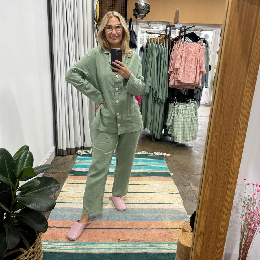 Linen Pyjama - Classic Set in Pistachio-2