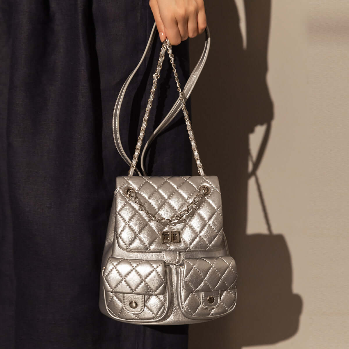 Multi-Pocket Chainstrap Quilted Backpack-5