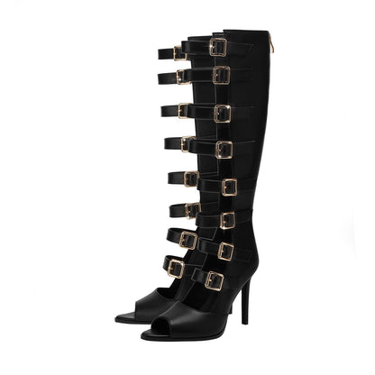 Seductive Open Toe Sandals with Knee High Gladiator Buckle Straps-4